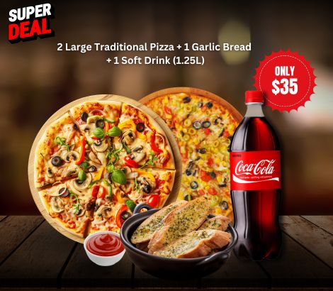 2 Large Traditional Pizza Garlic Bread deal, Traditional Pizza Deals in Reservoir, Best Pizzas in Reservoir