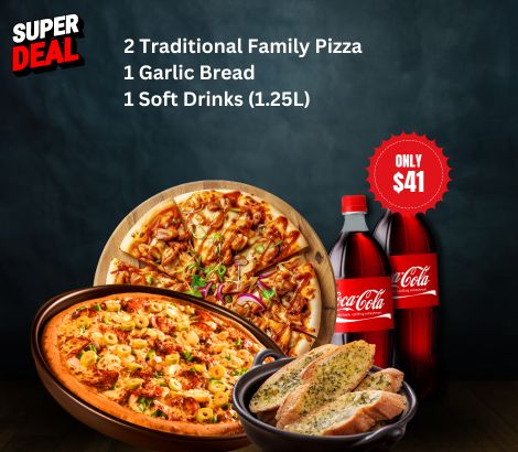 2 Traditional Family Pizza 1 Garlic Bread 1 Drink, Traditional Pizza Deals in Reservoir, Best Pizzas in Reservoir